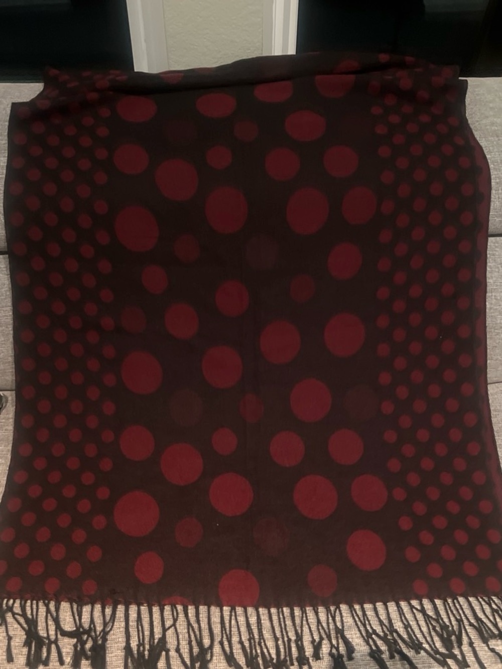 Polka Dot Fringe Scarf Wrap - Burgundy and Black